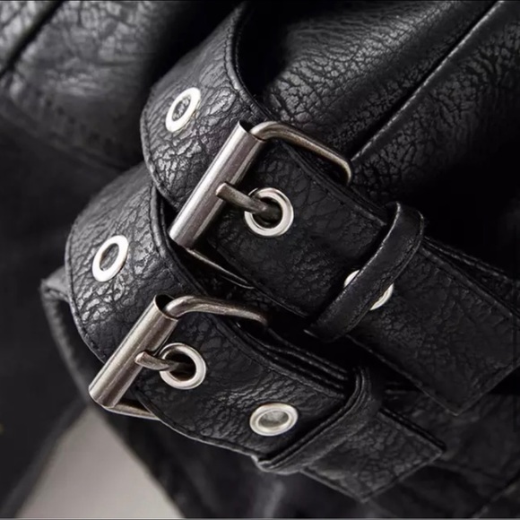 New! Black Embroidered Flowers With Stud Faux Leather Motorcycle Style Jacket - Picture 3 of 15